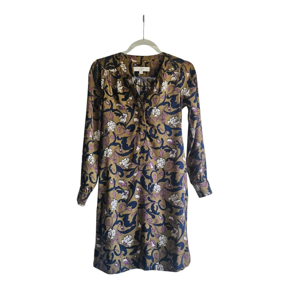 Loft Dress XS PETITE Floral L/S Split-Neck Hidden Buttons Pockets MISSING BELT